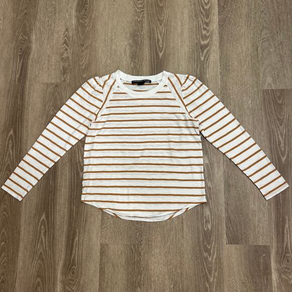 Veronica Beard Mason Stripe Puff Sleeve Baseball Tee White Caramel Size M - Picture 3 of 16
